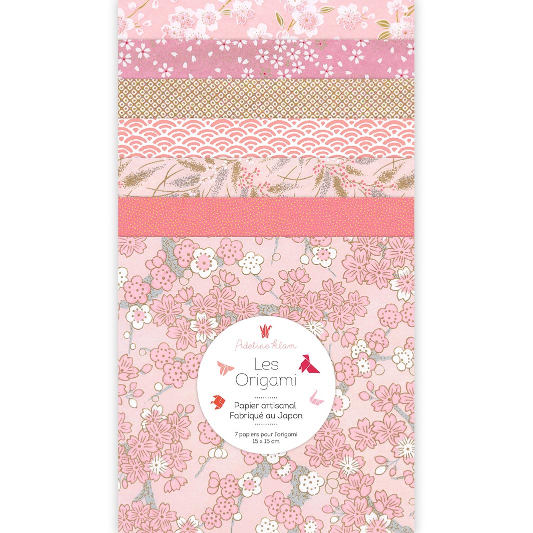 7 Papiers Origami - 15 x 15 cm - Rose Clair et Moyen, Or et Argent - Sakura - C6