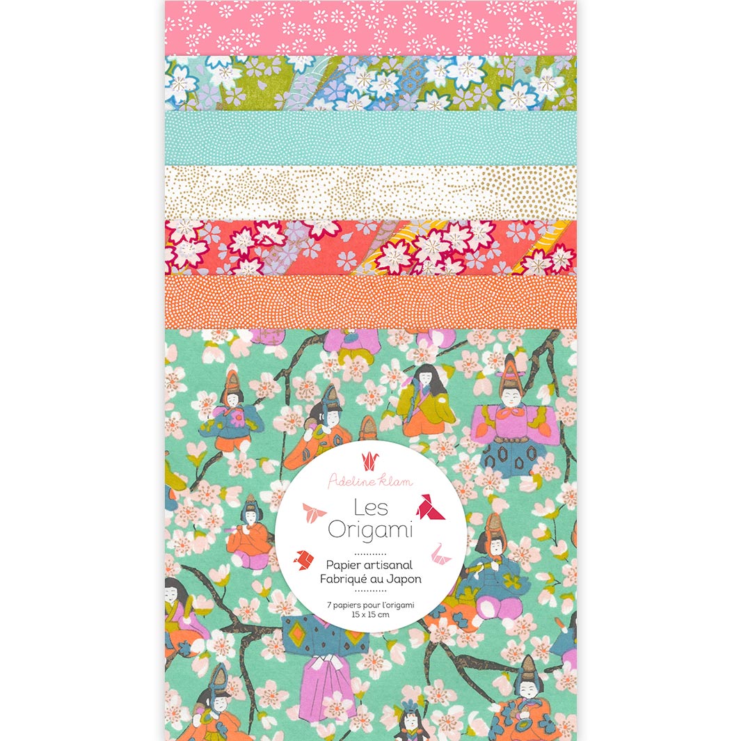 photo packshot du set de 7 carrés de papiers japonais adeline klam de 15cm par 15cm dans les tons vert menthe, roses, corail et orange « floraison » (K10) adeline klam