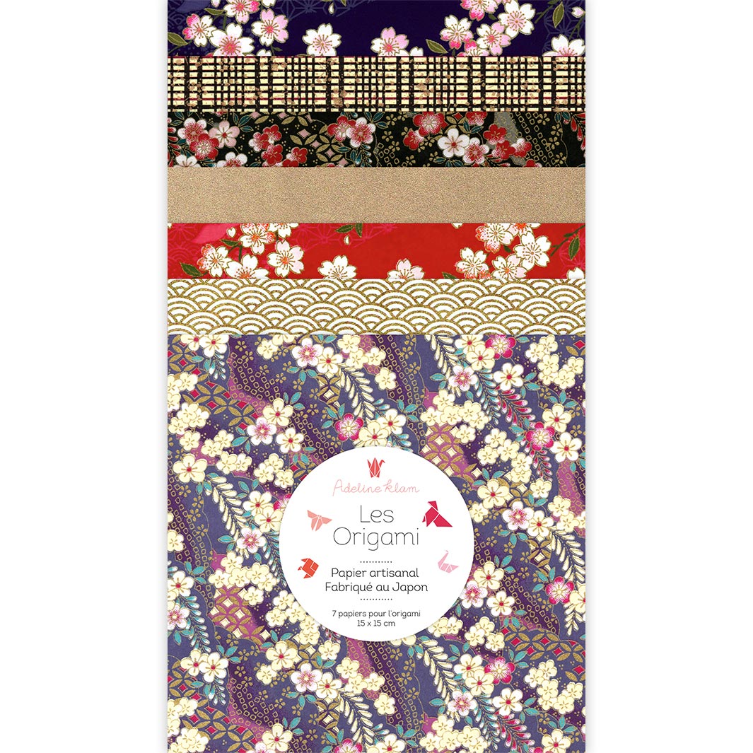 photo packshot du set de 7 carrés de papiers japonais adeline klam de 15cm par 15cm dans les tons violet foncé, noirs, rouge carmin et dorés « obāchan » (J7) adeline klam