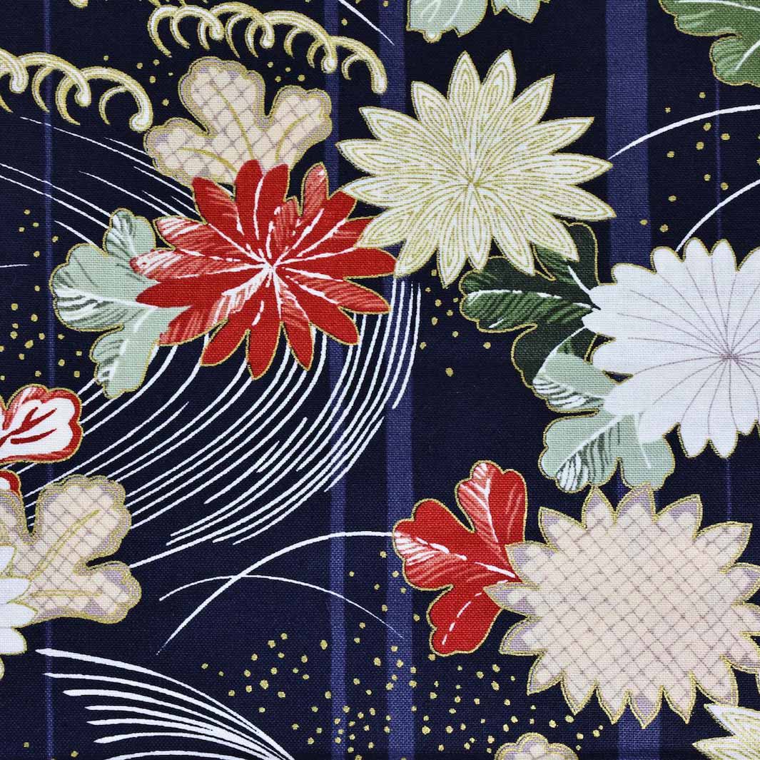 photo packshot du tissu japonais aux motifs de chrysanthèmes et de mouvements de brise dans les tons bleu marine, rouges, vert de gris et dorés T548