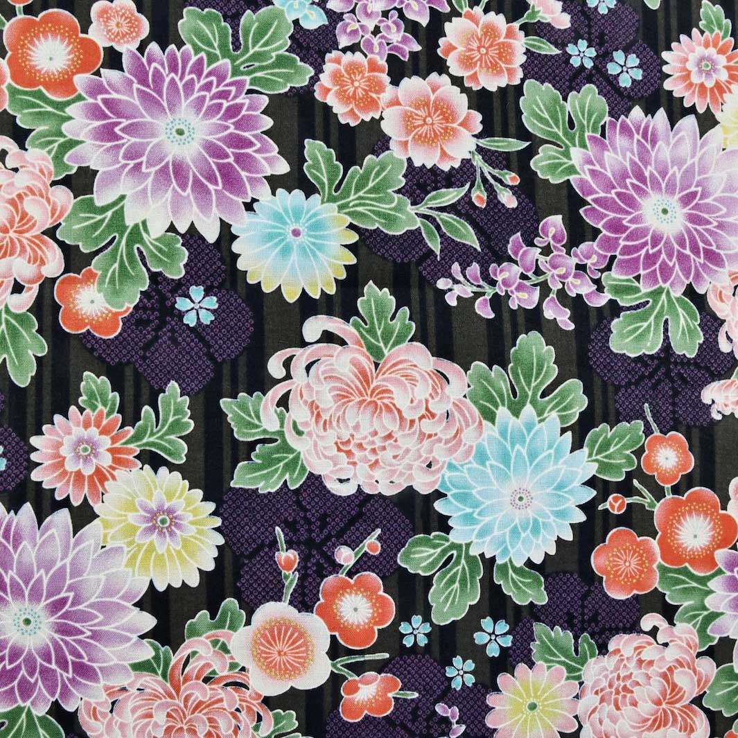 photo packshot du tissu japonais aux motifs de chrysanthèmes, de pivoines, de fleurs de prunier et de cerisier dans les tons noirs, violets, corail, turquoise et jaune T549