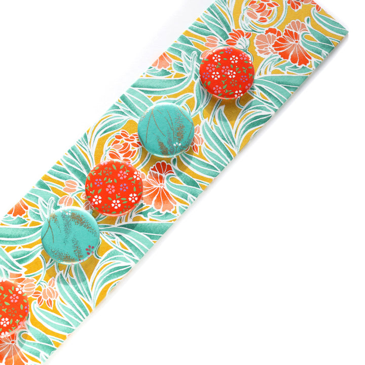 photo packshot avec une vue d'un détail du pêle-mêle tapissé du papier japonais aux motifs de fleurs « art nouveau » dans les tons jaune moutarde, vert d'eau et corail M988 adeline klam