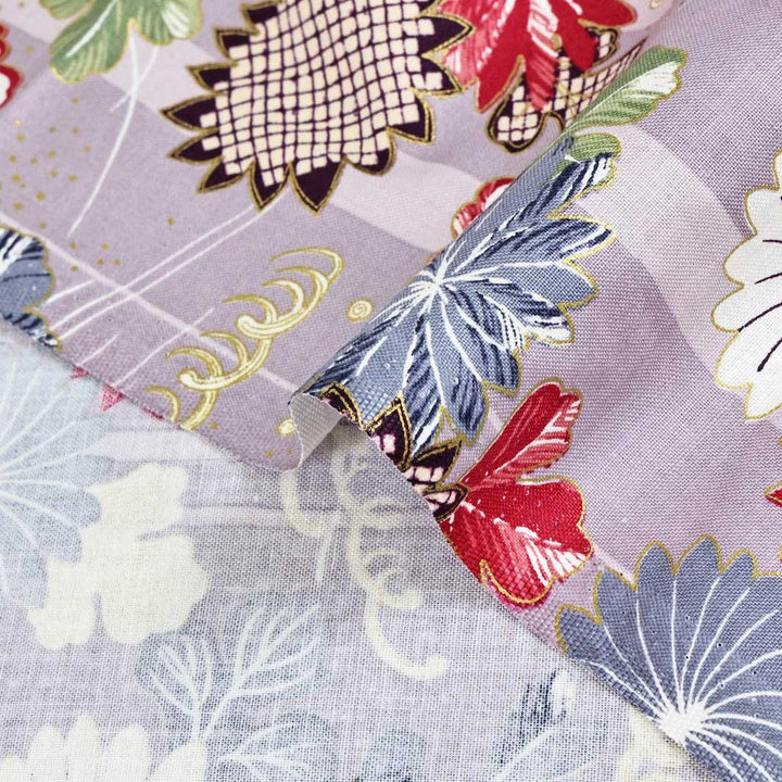 photo packshot zoomée d'un détail du tissu japonais aux motifs de chrysanthèmes et de mouvements de brise dans les tons mauve clair, bleu gris, rouge, vert foncé et dorés T547