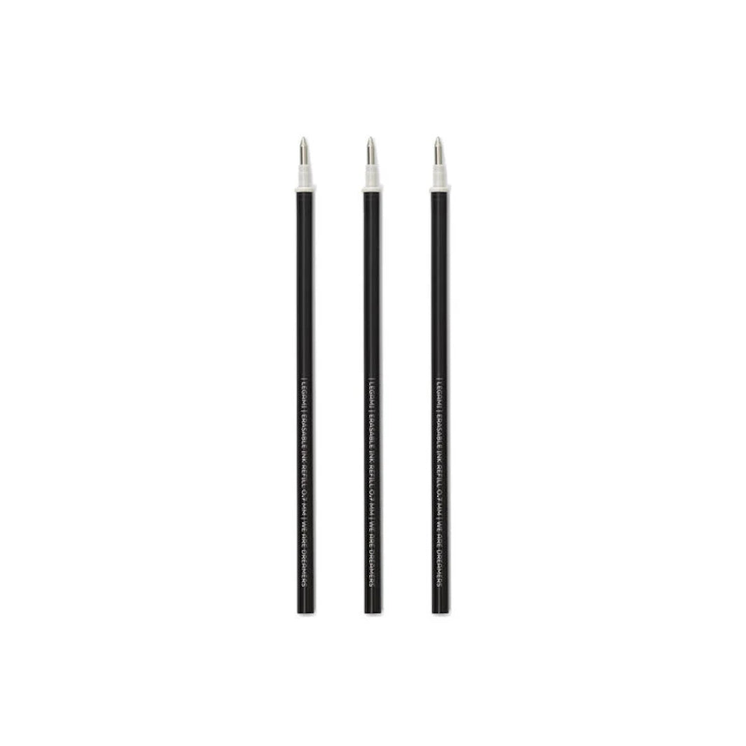 photo packshot du lot de 3 recharges pour stylo gel effaçable à l'encre noir et pointe 0,7mm legami