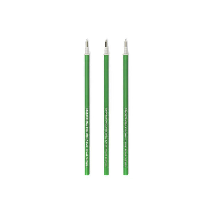 photo packshot du lot de 3 recharges pour stylo gel effaçable à l'encre verte et pointe 0,7mm legami