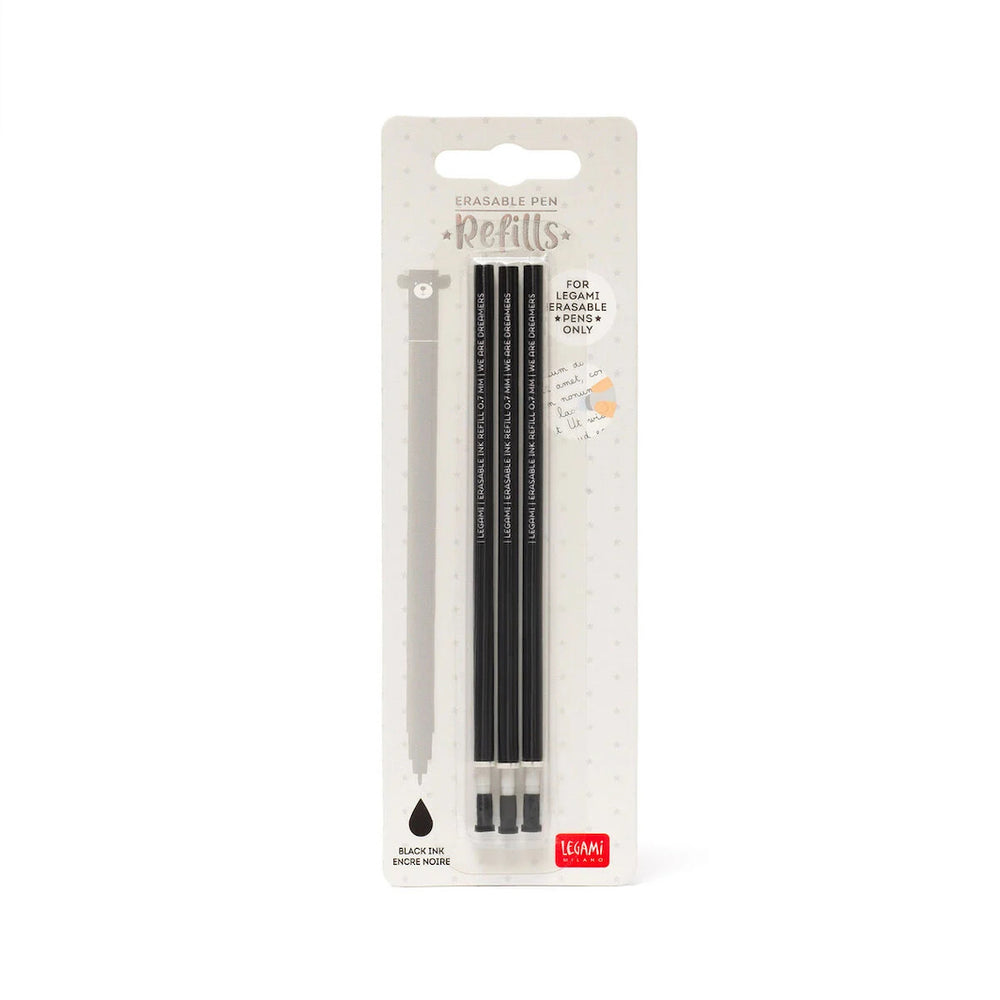photo packshot du packaging lot de 3 recharges pour stylo gel effaçable à l'encre noir et pointe 0,7mm legami