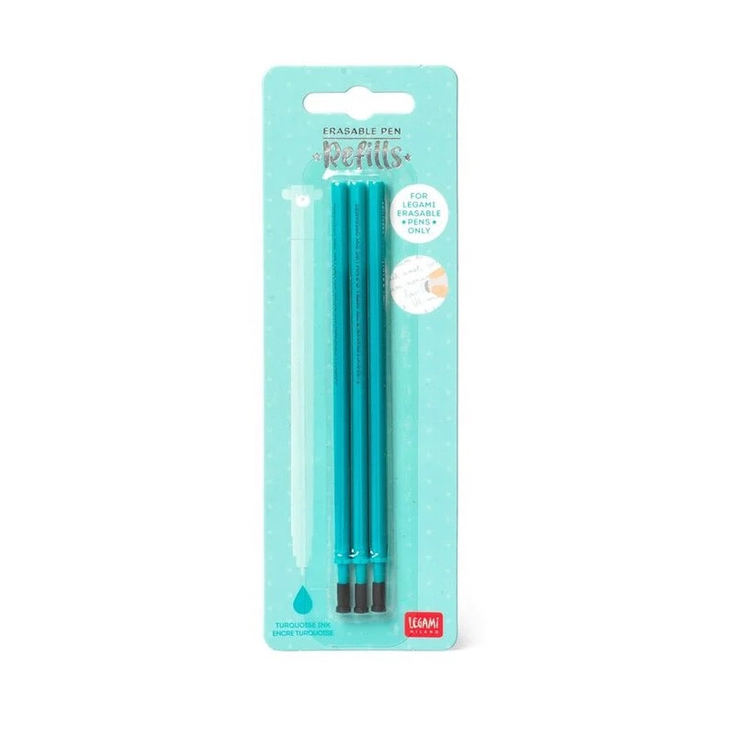 photo packshot du packaging lot de 3 recharges pour stylo gel effaçable à l'encre turquoise et pointe 0,7mm legami