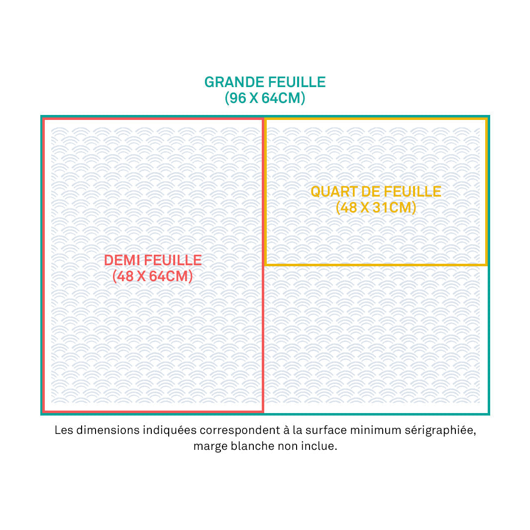 schéma des différents formats disponibles de papier japonais adeline klam (grande, demi et quart de feuille)