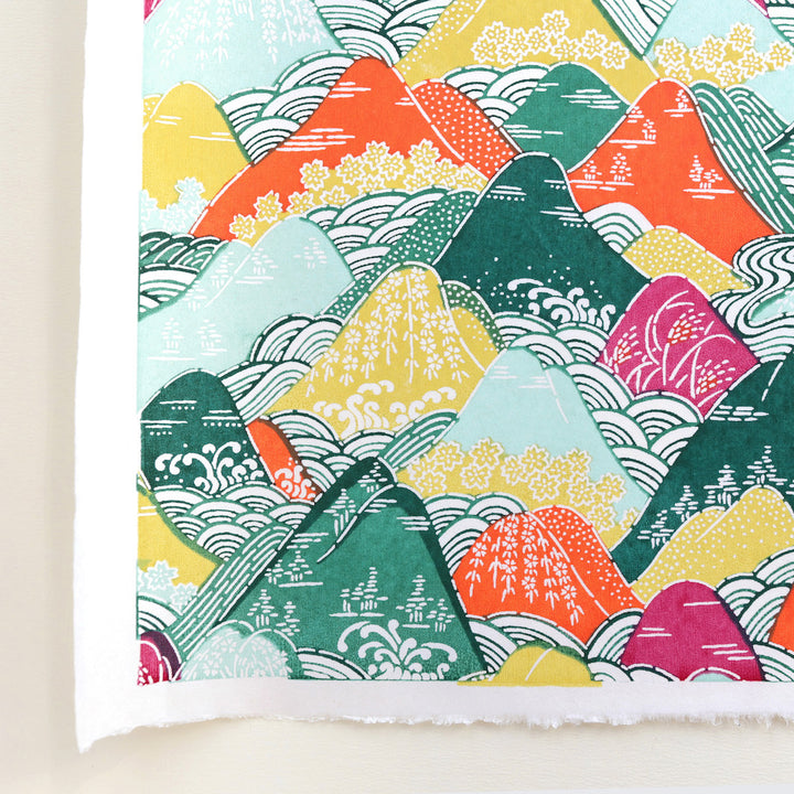 zoom d'un papier japonais katazome aux motifs de montages et de rivières verts, orange, mauve et jaune adeline klam
