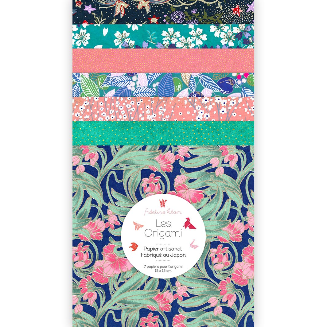pochette de 7 carrés de papiers japonais adeline klam de 15cm par 15cm dans les tons bleus, verts et roses « shéhérazade »
