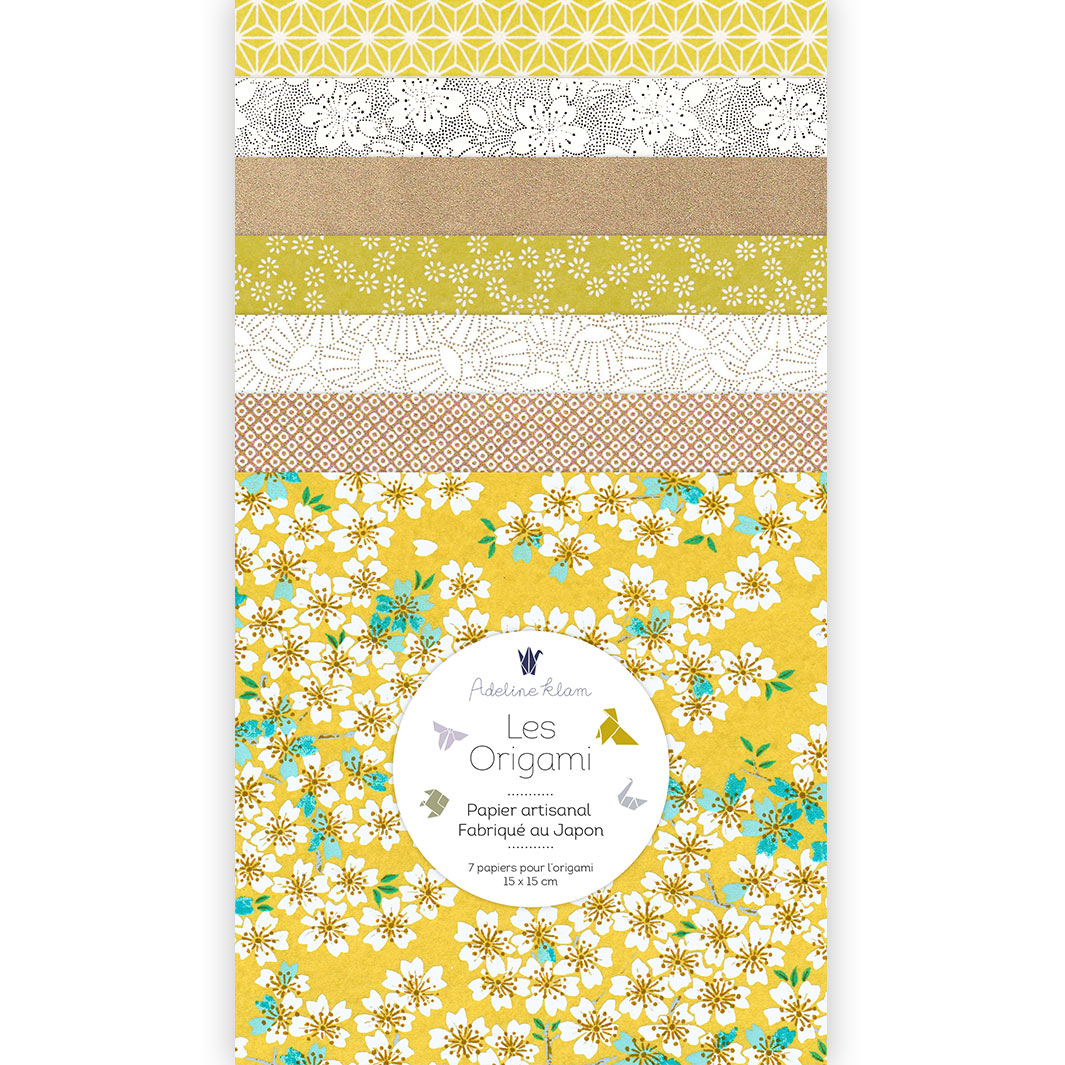 pochette de 7 carrés de papiers japonais adeline klam de 15cm par 15cm dans les tons vert acidulé et dorés « moisson »