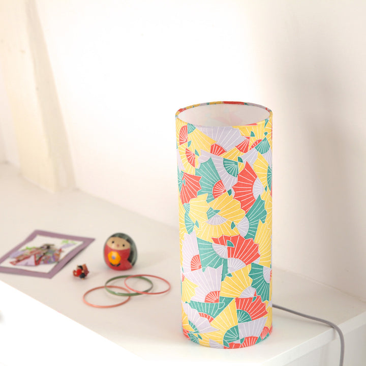 Lampe Japonaise à Poser -  Éventails Graphiques - Jaune, Mauve Pâle, Turquoise et Orange Vif - M881