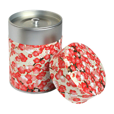 Boîte à thé japonaise Fleurs de pruniers rouges et roses sur fond crème - M593