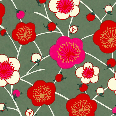 Papier Japonais - Fleurs de prunier rouge sur fond ombre - M160-Papier japonais-AdelineKlam