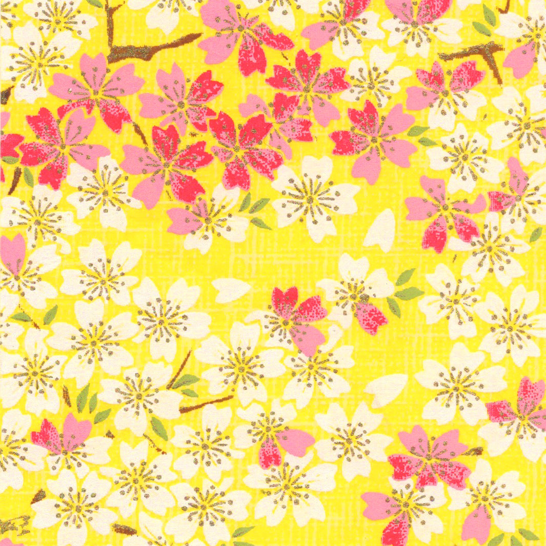 Papier Japonais - Fleurs de Cerisier - Jaune d'Or, Rose Clair et Fuchsia - M364