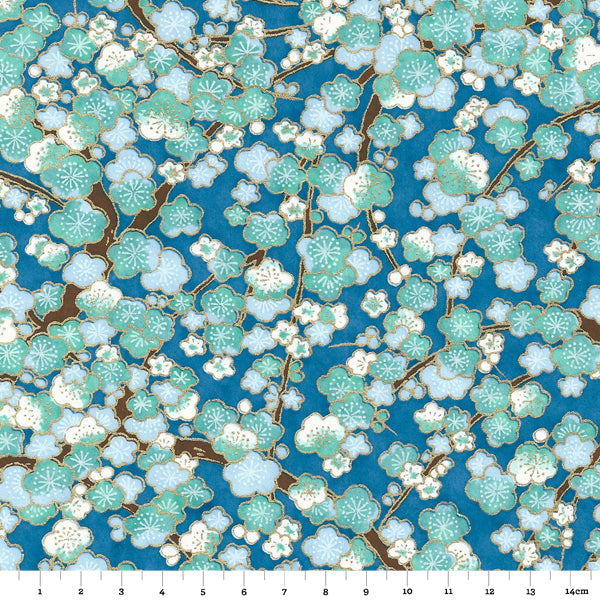 Papier Japonais - Fleurs de cerisiers bleues et vert d'eau, contours dorés sur fond bleu - M448-Papier japonais-AdelineKlam