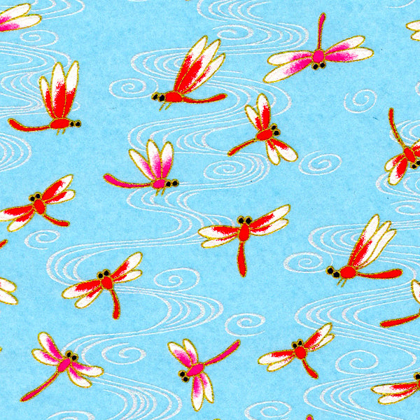 Abat-jour japonais cylindrique 3 bandes - Libellules Fond bleu, Vagues Orange - M469 et M476