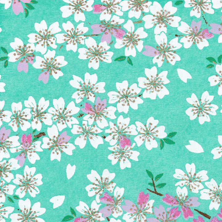Papier Japonais - Fleurs de Cerisier - Vert Menthe et Mauve - M579