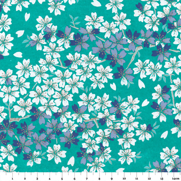 Papier Japonais - Fleurs de cerisier - turquoise - M625-Papier japonais-AdelineKlam