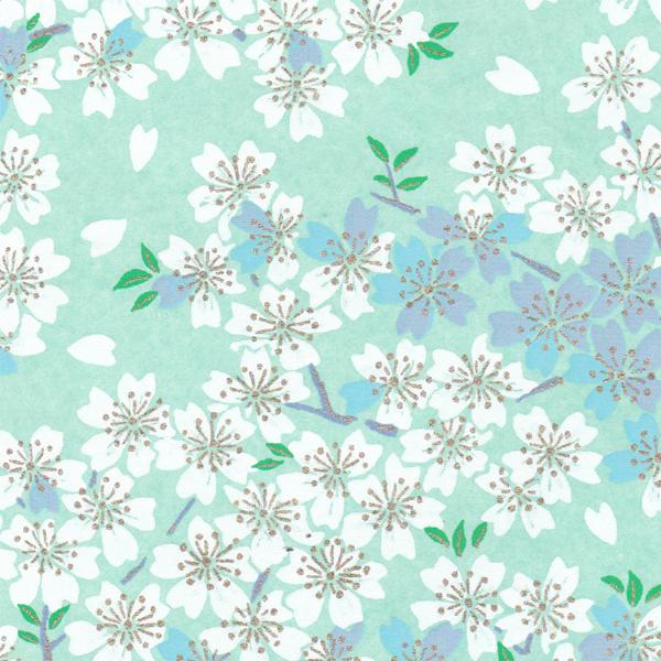 Abat-jour japonais cylindrique 3 bandes - Vagues Mauves & Fleurs de Cerisier Blanches, Fond Vert d'eau - M833 et M626