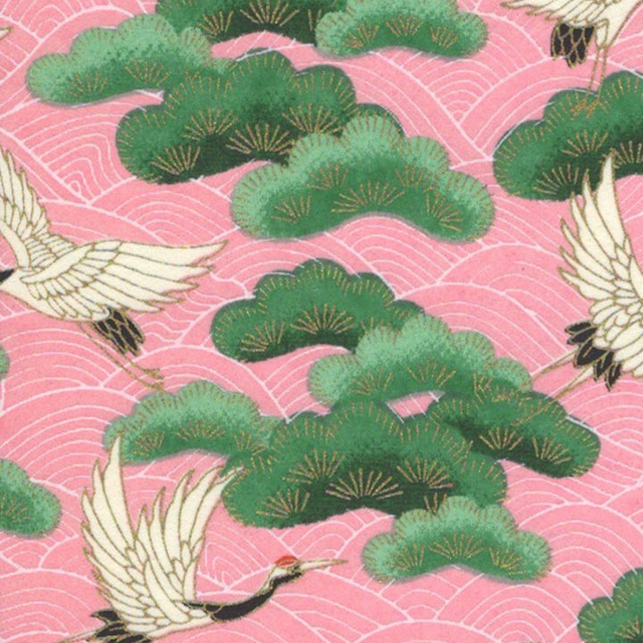 Lampe Japonaise à Poser - Grues, Pins et Vagues - Fond rose - M686