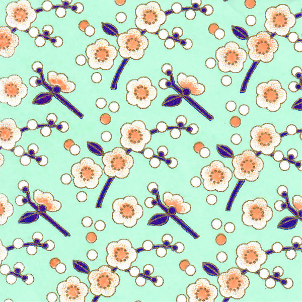 Papier Japonais - Fleurs de pruniers simples - Menthe, Orange et Violet - M823-Papier japonais-AdelineKlam