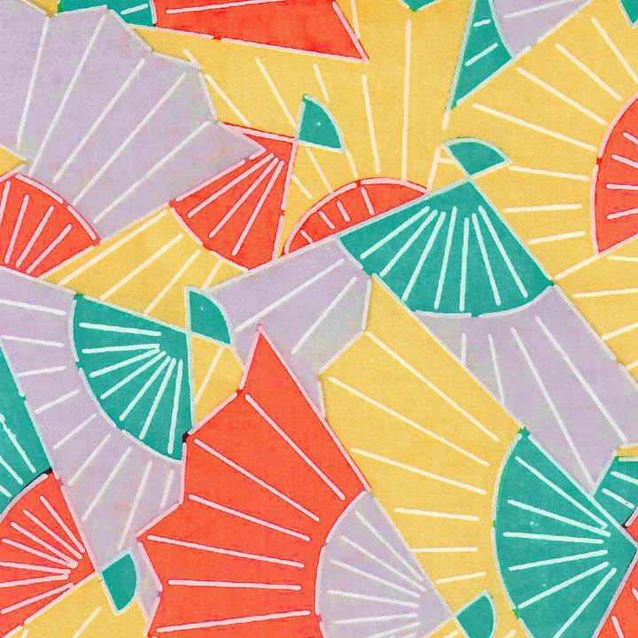 Lampe Japonaise à Poser -  Éventails Graphiques - Jaune, Mauve Pâle, Turquoise et Orange Vif - M881