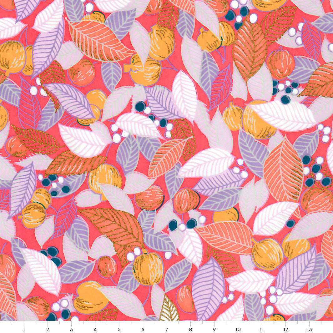 Papier Japonais - Feuilles, Baies et Fruits - Rose Orangé, Corail et Mauve - M887