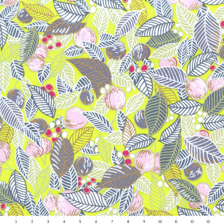 Papier Japonais - Feuilles, Baies et Fruits - Vert Acidulé, Gris Foncé et Rose Poudré - M897