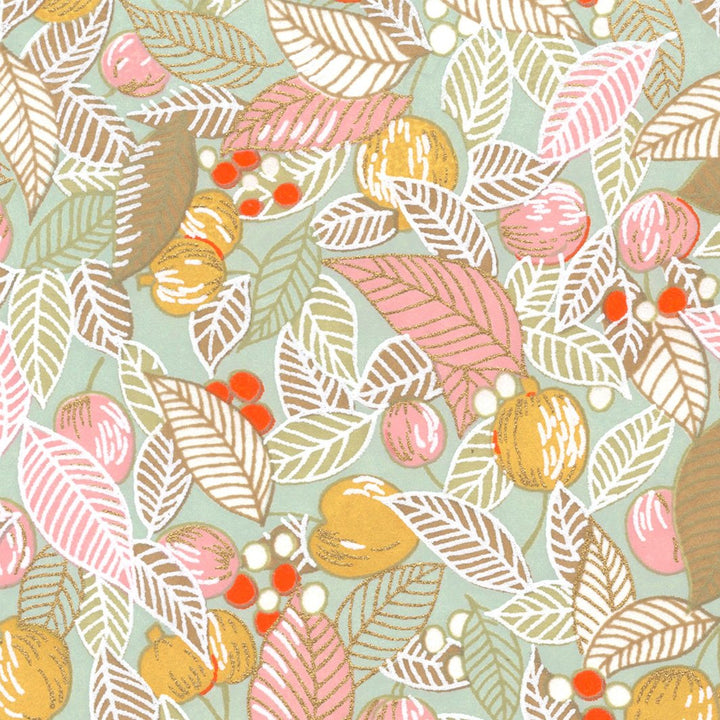 Applique murale japonaise - Feuilles, Baies et Fruits - Vert Sauge, Rose et Jaune Paille - M898