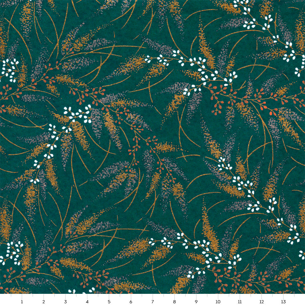 Papier Japonais - Conifères et Baies - Bleu Pétrole, Or, Argent, Corail et Blanc - M927