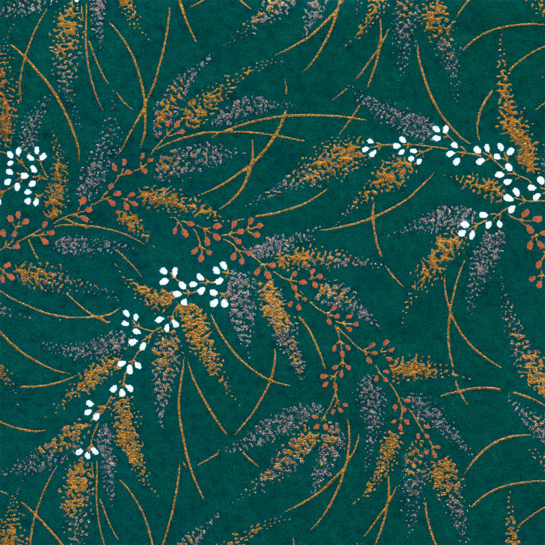 Papier Japonais - Conifères et Baies - Bleu Pétrole, Or, Argent, Corail et Blanc - M927