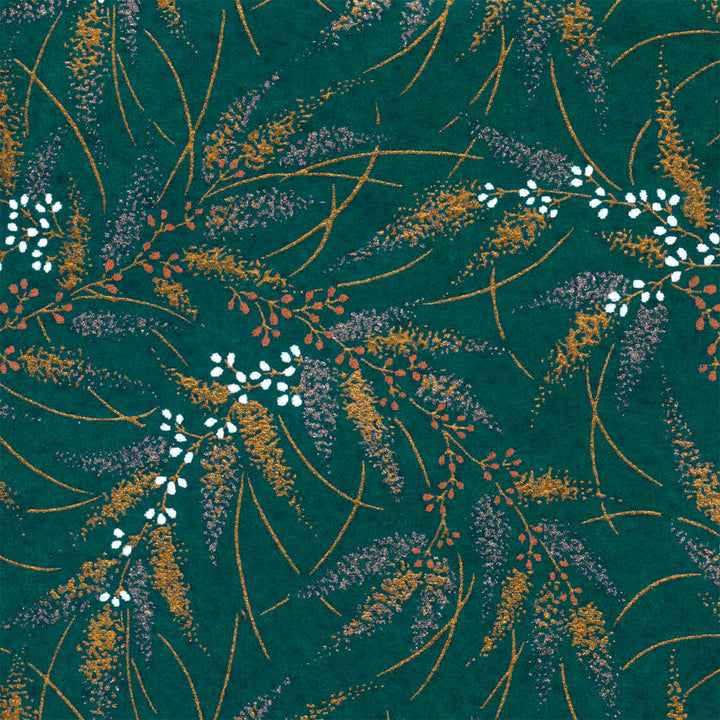 Papier Japonais - Conifères et Baies - Bleu Pétrole, Or, Argent, Corail et Blanc - M927