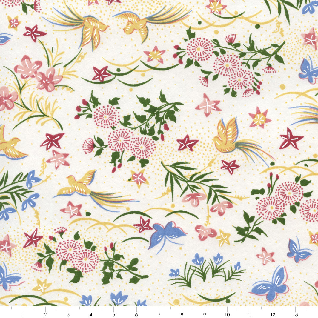 Papier Japonais - Fleurs, Oiseaux et Papillons - Blanc Cassé, Lie de Vin, Vert Foncé, Jaune et Bleu - M952
