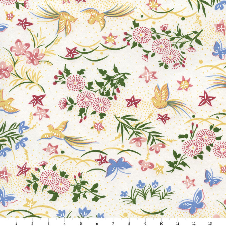 Papier Japonais - Fleurs, Oiseaux et Papillons - Blanc Cassé, Lie de Vin, Vert Foncé, Jaune et Bleu - M952