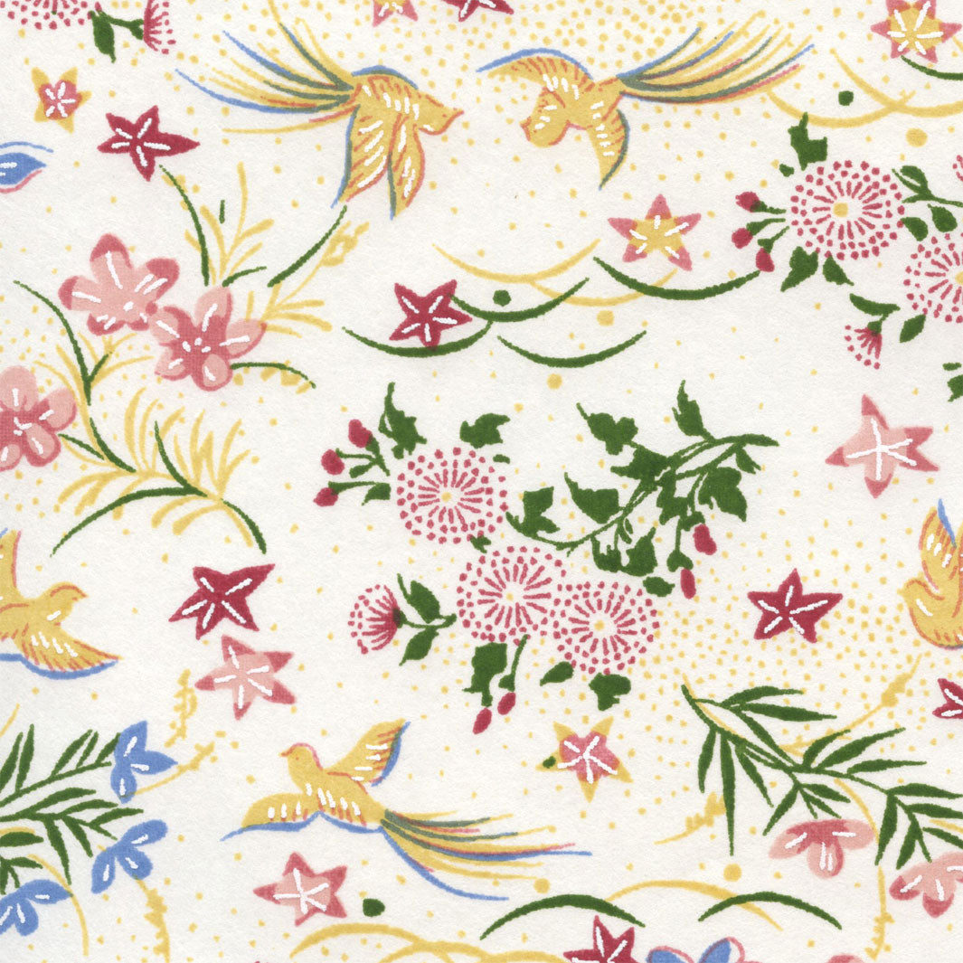 Papier Japonais - Fleurs, Oiseaux et Papillons - Blanc Cassé, Lie de Vin, Vert Foncé, Jaune et Bleu - M952