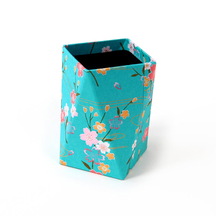 Papier Japonais - Branches de Cerisier et Ondulations - Bleu Turquoise, Rose Fuchsia, Jaune Orange et Or  - M380