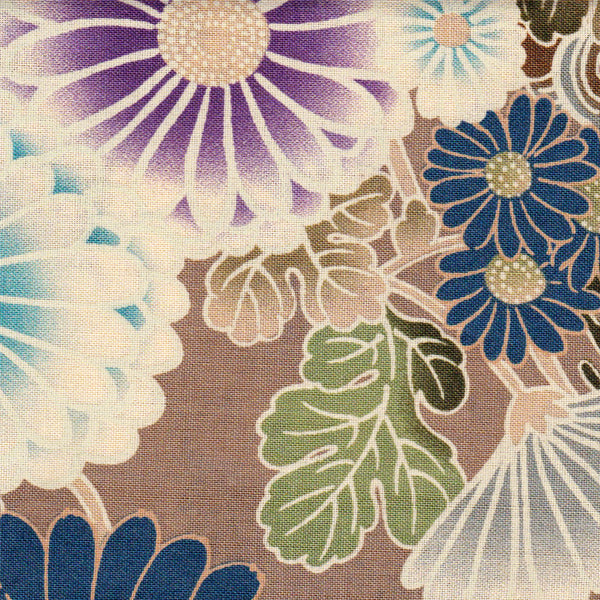 Tissu japonais Traditionelle Fleurs chrysanthèmes, Bleu, violet fond marron - T229