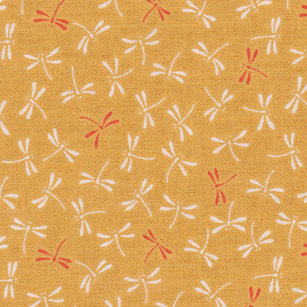 Tissu japonais Libelulle blanc rouge fond moutarde - T138