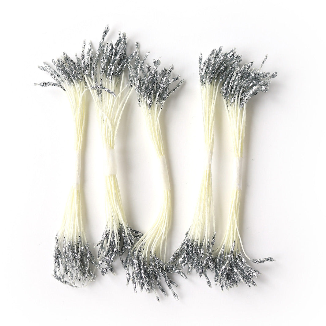 Lot de 5 Grands Fagots de Pistils de Fleurs - Jaune Pâle et Argent Pailleté - 1040