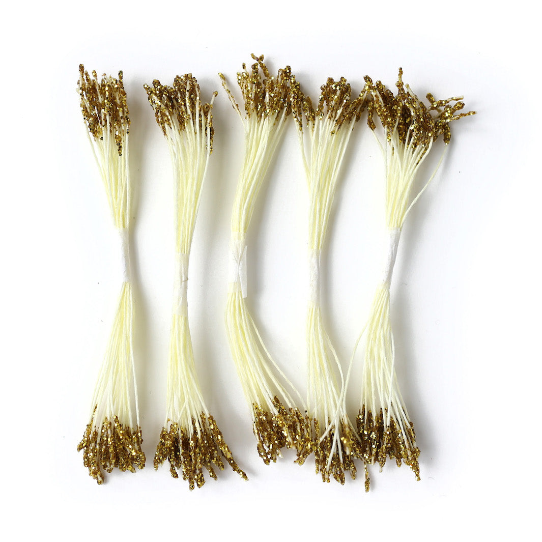 Lot de 5 Grands Fagots de Pistils de Fleurs - Jaune Pâle et Or Pailleté - 1039