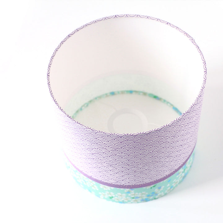 Abat-jour japonais cylindrique 3 bandes - Vagues Mauves & Fleurs de Cerisier Blanches, Fond Vert d'eau - M833 et M626