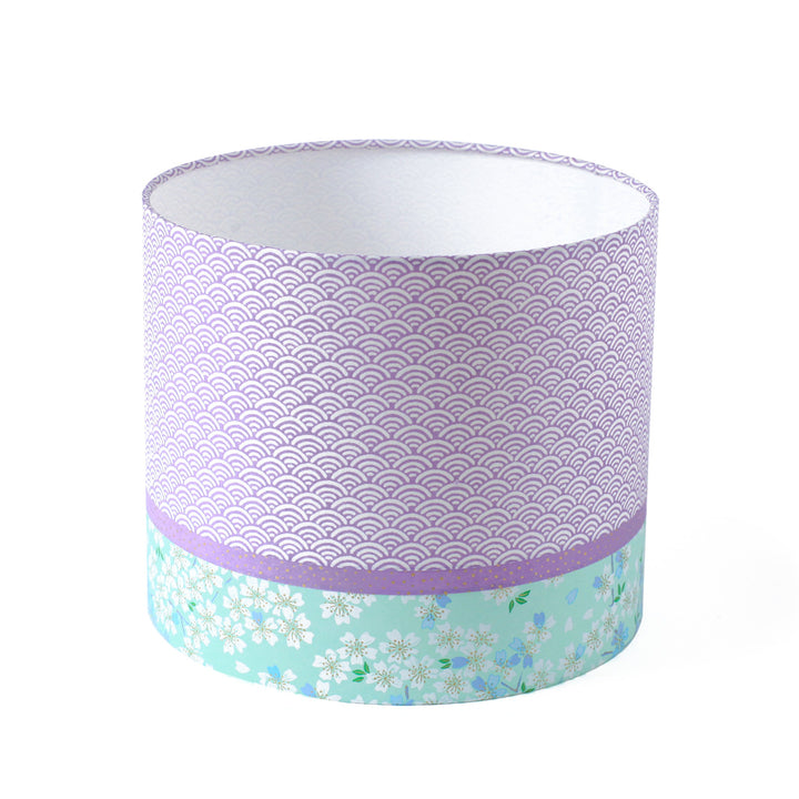 Abat-jour japonais cylindrique 3 bandes - Vagues Mauves & Fleurs de Cerisier Blanches, Fond Vert d'eau - M833 et M626