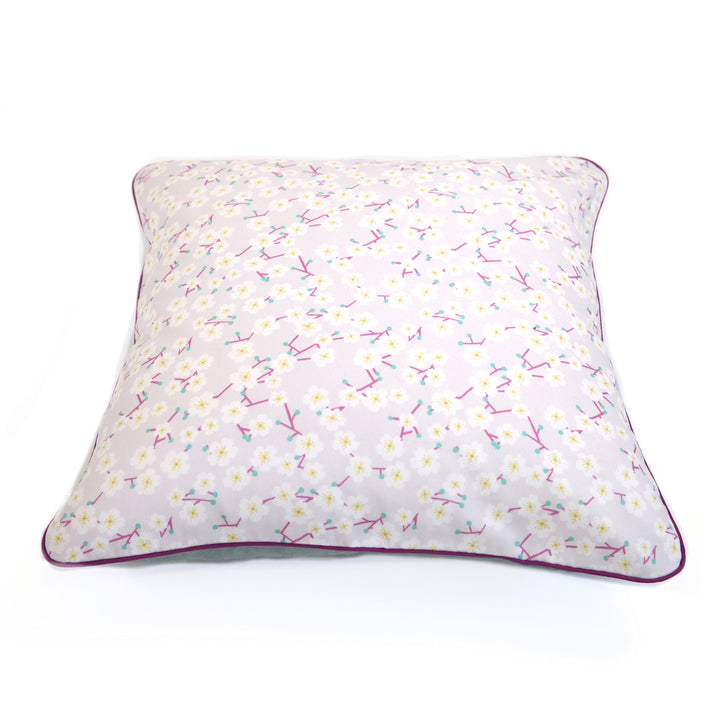Grand Coussin Carré en Tissu - Fleurs de Cerisier et Uni - Mauve, Violet et Vert