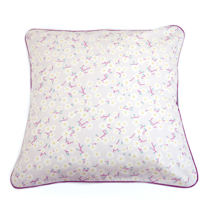 Grand Coussin Carré en Tissu - Fleurs de Cerisier et Uni - Mauve, Violet et Vert