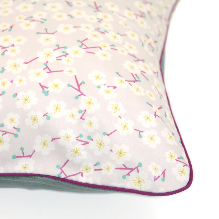 Grand Coussin Carré en Tissu - Fleurs de Cerisier et Uni - Mauve, Violet et Vert