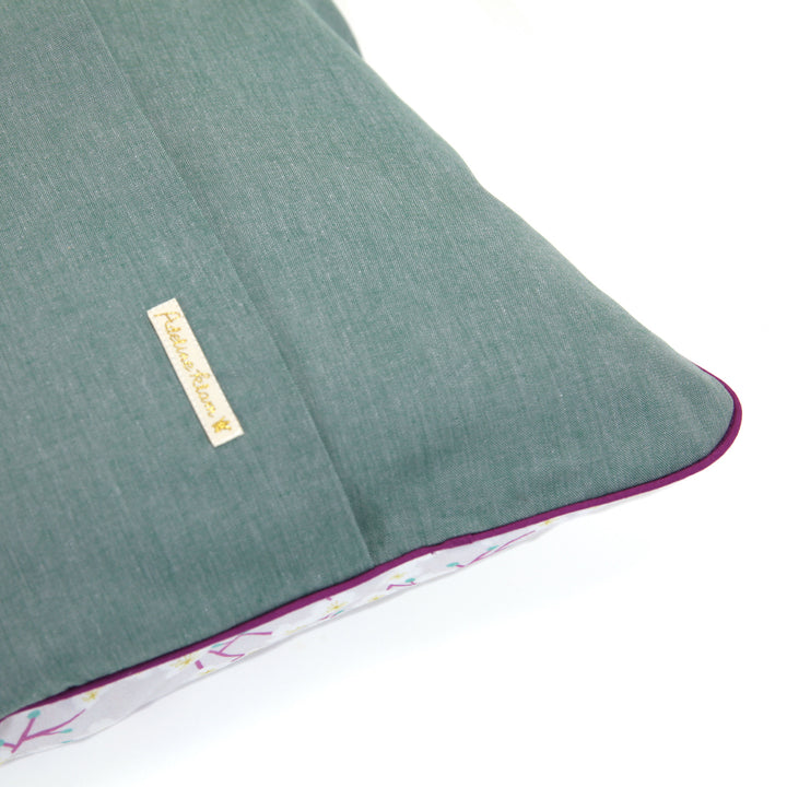 Grand Coussin Carré en Tissu - Fleurs de Cerisier et Uni - Mauve, Violet et Vert