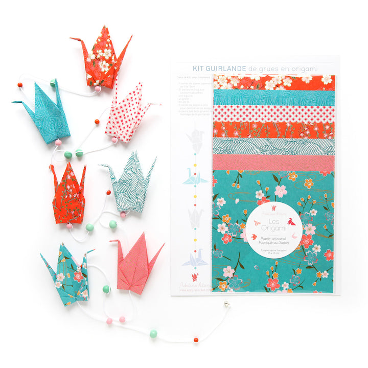Kit Guirlande de Grues en origami - Bleu Turquoise, Rouge Orangé et Rose - Miyakojima - T3