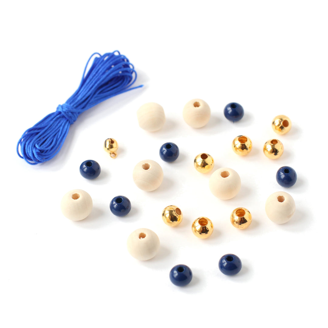 Lot de Fil & Perles - Fil 3m, Bleu Roi - 21 Perles, Naturel, Bleu Marine et Or - F