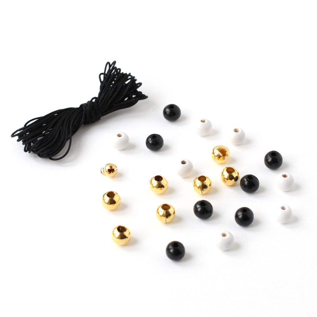 Lot de Fil & Perles - Fil 3m, Noir - 21 Perles, Noir, Blanc et Or - O